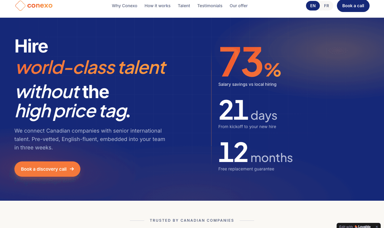 Conexo website, international talent recruiting for Canadian companies